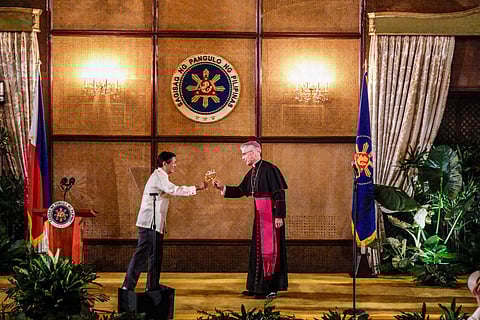 President Ferdinand "Bongbong" Marcos Jr. and Apostolic Nuncio to the Philippines Archbishop Charles Brown share a toast during the Vin d'Honneur for government officials and the diplomatic corps at Malacañan Palace on 11 January, 2025.
