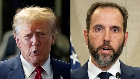 FILES) (COMBO) This combination of pictures created on 25 November 2024 shows
former US President Donald Trump (left) and special counsel Jack Smith (right). Donald Trump called special counsel Jack Smith "deranged" after the release of his report 14 January 2024 saying the incoming US president would have been convicted for his alleged effort to overturn the 2020 election if he hadn't been elected again.