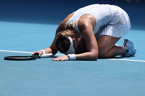 Paula Badosa celebrates after beating world No. 3 Coco Gauff in the quarterfinals of the women’s singles event of the Australian Open.