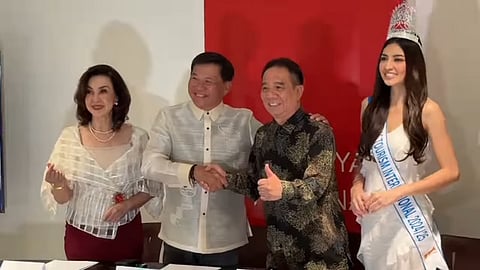 Mutya ng Pilipinas president Cory Quirino, Miss Tourism International president Tan Sri Datuk Danny Ooi, MNP chairman Fred Yuson and reigning Miss Tourism International Liana Barrido.