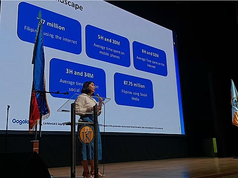 Gogolook Philippines Country Head Mel Migriño during the Self-defense Awareness and Familiarization Exercises (S.A.F.E.) seminar at the University of Santo Tomas (UST).