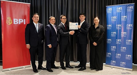 At the agreement signing are (from left) BPI treasurer and head of Global Markets Dino Gasmen; BPI head of Institutional Banking Juan Carlos Syquia; BPI chief finance officer and chief sustainability officer Eric Luchangco; IFC Financial Institutions Group manager for East Asia and Pacific Arnaud Dupoizat and IFC senior investment officer and FIG country anchor for the Philippines Aileen Theresa Ruiz-Zarate. 