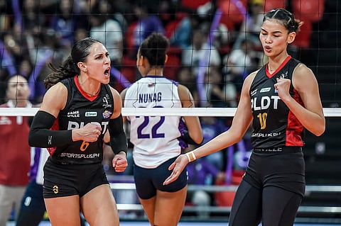 Savi Davison (left), Majoy Baron and the rest of PLDT are treating their game against sister squad Cignal just like any other assignment in the PVL All-Filipino Conference. 
