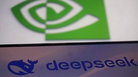 This photo illustration shows the DeepSeek and Nvidia logos on screens in Hangzhou, in China’s eastern Zhejiang province on January 27, 2025. 