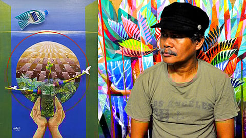 NOLIE Española and his winning waste art ‘Alay sa Inang Kalikasan’ (left) made from discarded containers, caps and packaging.