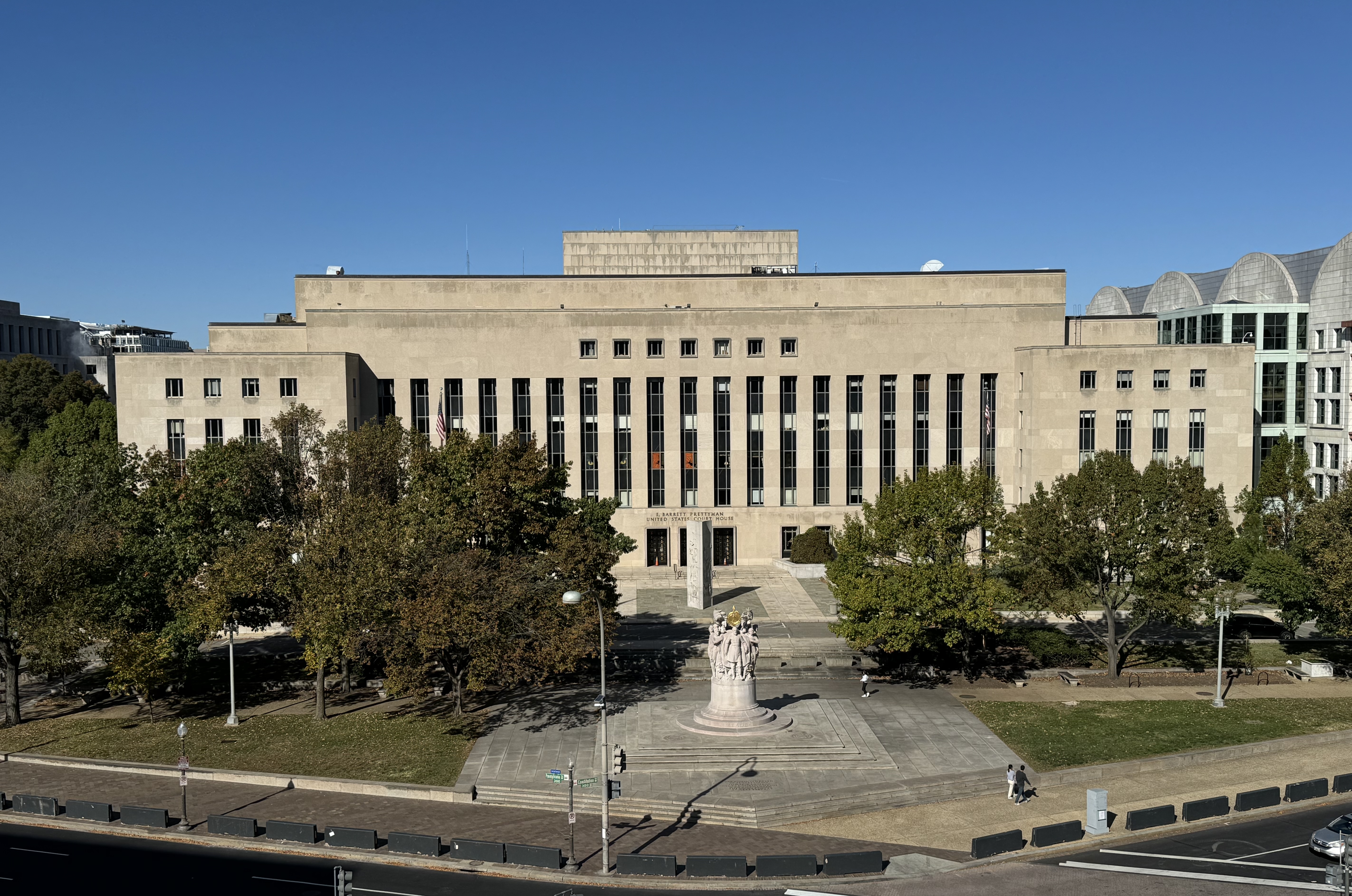 Elevated view of E. Barrett Prettyman United States Courthouse in Washington D.C.