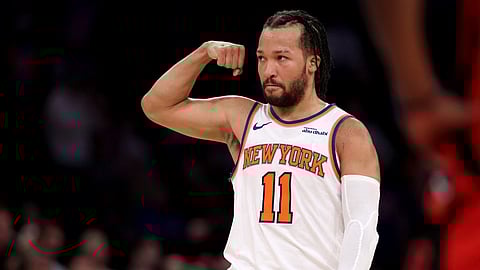 NEW YORK, NEW YORK - FEBRUARY 03: Jalen Brunson #11 of the New York Knicks celebrates in the fourth quarter against the Houston Rockets at Madison Square Garden on February 03, 2025 in New York City. The New York Knicks defeated the Houston Rockets 124-118. 
