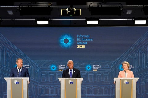 European Council President Antonio Costa (C) speaks flanked by President of the European Commission Ursula von der Leyen (R) and Poland's Prime Minister Donald Tusk (L) as they hold a press conference during an informal European Union (EU) leaders’ retreat, at the Justus Lipsius building in Brussels on 3 February 2025.
