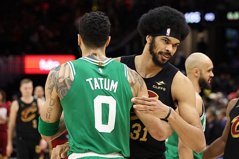 Jayson Tatum #0 of the Boston Celtics and Jarrett Allen #31 of the Cleveland Cavaliers hug after the game on February 04, 2025 at Rocket Mortgage FieldHouse in Cleveland, Ohio. 