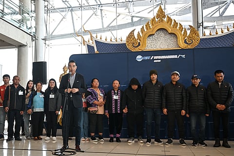 THAI Foreign Minister Maris Sangiampongsa (front) speaks as Thai nationals Surasak Rumnao, Sayhian Suwannkham, Bannawat Saethao, Watchara Sriaoun and Pongsak Thaenna look on during a press conference after their return to Thailand at Bangkok’s Suvarnabhumi Airport on 9 February 2025, following their release in a hostage-prisoner exchange between Israel and Hamas as part of a ceasefire deal. 