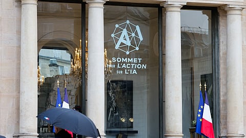 This photograph shows the logo of the Artificial Intelligence (AI) Action Summit, at the Elysee Palace, in Paris, on 10 February 2025.