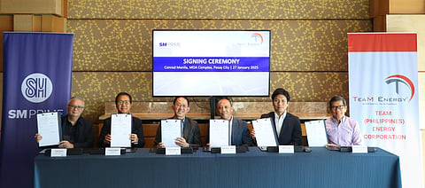SM Prime Holdings, Inc.  and TeaM (Philippines) Energy Corporation (TPEC) formalize partnership solar rooftop installations across four SM malls. Present at the contract signing were [L-R] Jamie Patinio, SM Prime Consultant; Charles Singson, SM EDD AVP for Mall Operations; John Pei Ong, SM Prime Chief Finance Officer; Tristan Taghoy, TPEC President; Keisuke Osuga, TeaM Energy Corporation EVP for Business Development; Santiago Malacca, TPEC AVP for Marketing and Technical Support. 