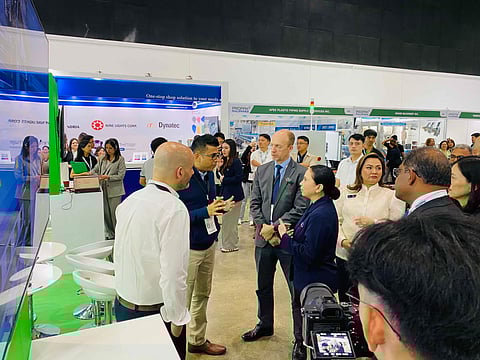 Trade Secretary Cristina Roque talks to international participants who joined the three-day, 5th edition of ProPak Philippines that opened in Pasay City on Wednesday.