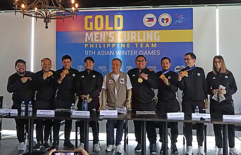 POC president Abraham ‘Bambol’ Tolentino (middle) presents the team that won a historic gold medal in the men’s curling event of the 9th Asian Winter Games during a press briefing on Sunday. Also shown are coaches Miguel Gutierrez (left) and and Jessica Pfister (right), Curling Pilipinas secretary general Jaryd Bello (fourth from left), and Curling Pilipinas president Benjo Delarmente (sixth from left) as well as athletes Alan Beat Frei, Enrico Gabriel Pfister, Marc Angelo Pfister and Cristian Patrick Haller.