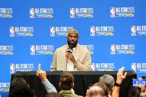 SAN FRANCISCO, CALIFORNIA - FEBRUARY 16: Lebron James #23 of the Los Angeles Lakers and Shaq's OGs speaks to media in a press conference during the 74th NBA All-Star Game at Chase Center on February 16, 2025 in San Francisco, California.