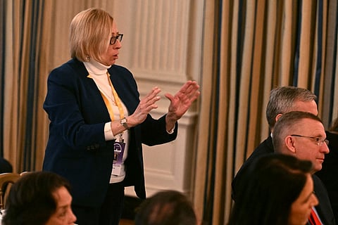 Maine Democratic Governor Janet Mills speaks with US President Donald Trump at the Governors Working Session in the State Dining Room of the White House in Washington, DC, on 21 February 2025.
