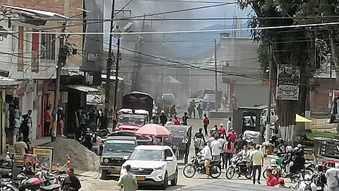View of a scene where a motorcycle bomb exploded near the police station in Morales, department of Cauca, Colombia, taken on 24 February 2025. An explosive attack on a police station in Colombia's troubled southwest left 17 people wounded on Monday, including two policemen and three minors, local authorities reported.
