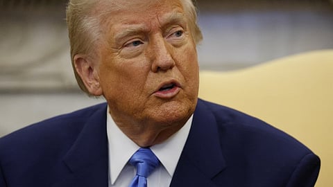 US President Donald Trump speaks during a meeting with French President Emmanuel Macron in the Oval Office of the White House in Washington, DC, on 24 February 2025.