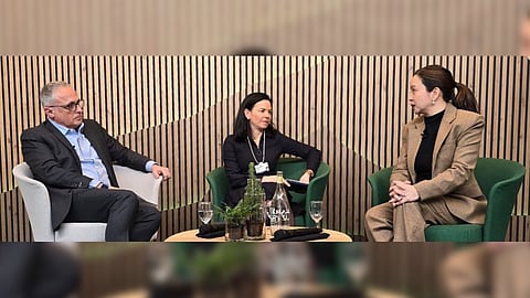 GCASH showcases artificial intelligence and financial technology’s role in economic inclusion at World Economic Forum 2025 in a panel composed of (from left) Deloitte global financial services industry leader Neal Baumann, Banco Santander regional head of North America Christiana Riley and GCash chief strategy officer Rowena Zamora.