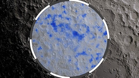 Areas of the Moon’s south pole with possible deposits of water ice, shown in blue. The map is based on data taken by NASA’s Lunar Reconnaissance Orbiter.
