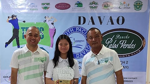 Johanna Blair Uyking (center) receives her Sta. Lucia Teens Tour overall trophy from RPVGCC General Manager Marlon Tabanao and South Pacific Golf General Manager Elson Alvaran during the awarding ceremonies. Other photo show Uyking in action duirng the playoff round. 