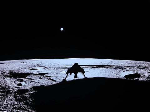 This handout photograph taken and released by Firefly Aerospace on March 2, 2025, shows the Firefly's Blue Ghost lander's shadow on the Moon's surface during its lunar landing as part of the Ghost Mission 1. A US company successfully landed its spacecraft on the Moon on March 2, 2025, making it only the second private lander to achieve this milestone, a live webcast from mission control showed. Firefly Aerospace's Blue Ghost Mission 1 touched down at 3:34 am US Eastern Time (0834 GMT) near Mons Latreille, a volcanic formation in Mare Crisium on the Moon's northeastern near side.
