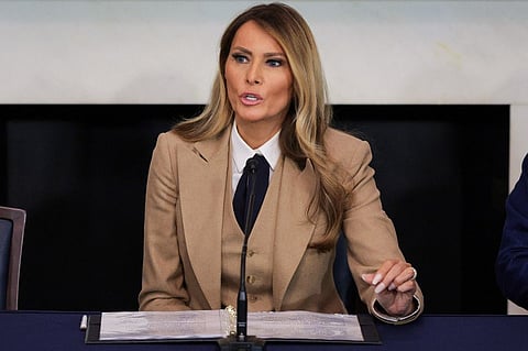U.S. first lady Melania Trump speaks during a roundtable discussion on the "Take It Down Act" in the Mike Mansfield Room at the U.S. Capitol on March 03, 2025 in Washington, DC. The "Take It Down Act" expands protections for victims of non-consensual sharing of sexual images, covering AI-generated content including deepfake pornography. 