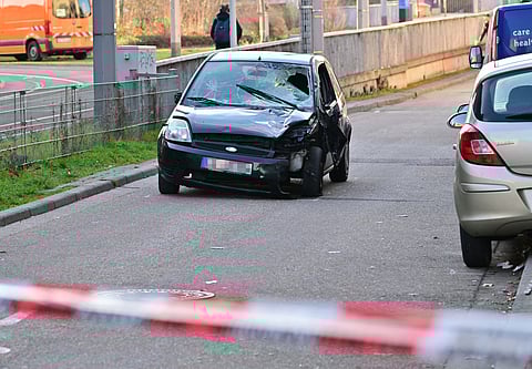 A damaged car is pictured at the site of a car ramming attack in Mannheim, southwestern Germany on 3 March 2025. A car driven into a crowd in the German city of Mannheim on 3 March killed 2 and injured several more, police said, adding that one person had been arrested.