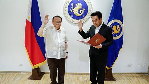 [File Photo] Oscar Orbos takes his oath before Executive Secretary Lucas Bersamin. Orbos is the Chairperson and a member of the Board of Directors of People's Television Network Inc. (PTNI). He is set to serve as the Officer-in-Charge General Manager of state-run PTV-4.