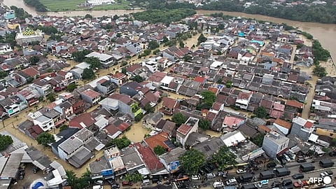 Buildings inundated by floodwaters in Bekasi, West Java on Mar 4, 2025. 