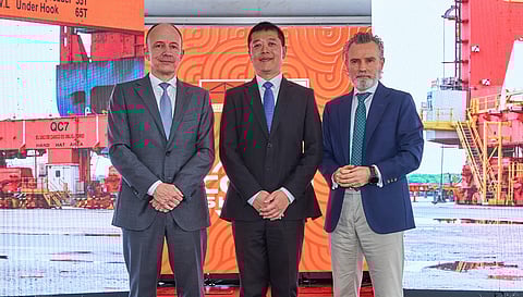 Contecon Guayaquil, COSCO Shipping mark a milestone in Ecuador’s foreign trade. Photo shows (from left): Anders Kjeldsen, International Container Terminal Services, Inc. regional head – Latin America; Wang Kunhui, COSCO Shipping South America chairman; and Javier Lancha, Contecon Guayaquil chief executive officer, during the inaugural call of the WSA5 service. 
 

