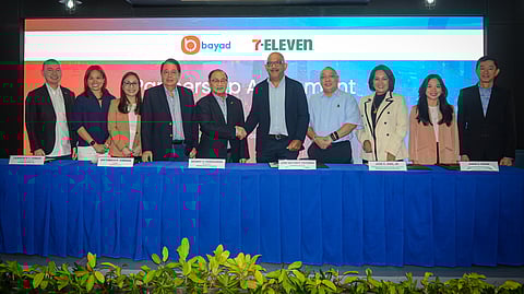 Championing financial inclusion. (From left) Bayad president and chief executive officer Lawrence Y. Ferrer, Kayana chief commercial officer Kat Luna-Abelarde, Meralco director and MPIC chief financial officer and chief sustainability officer June Cheryl Cabal-Revilla, Kayana president Victorico P. Vargas, Meralco chairman and chief executive officer Manuel V. Pangilinan, 7-Eleven president and chief executive officer Jose Victor P. Paterno, 7-Eleven managing director for E-wallet and E-commerce Jose C. Ang, Jr., 7-Eleven digital head of sales and acquisition Anna S. Hizon, 7-Eleven senior category manager for digital payments Phoebe R. Roxas and Meralco chief revenue officer Ferdinand O. Geluz.