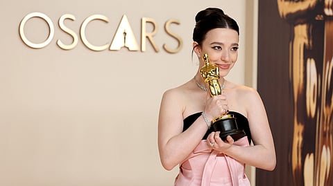 HOLLYWOOD, CALIFORNIA - MARCH 02: Mikey Madison, winner of the Best Actress in a Leading Role for “Anora”, poses in the press room during the 97th Annual Oscars at Ovation Hollywood on 2 March 2025 in Hollywood, California.