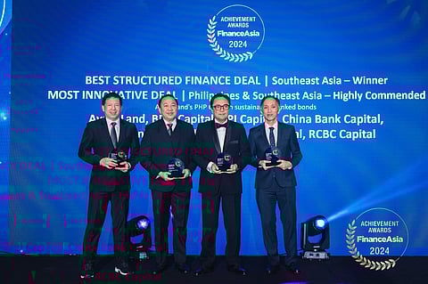 From left: BPI Capital Corporation President Roland Gerard R. Veloso Jr.; Ayala Land, Inc. (ALI) Treasury Senior Division Manager Ricardo Ulysses C. Tabije IV; ALI Senior Vice President, Chief Finance Officer & Treasurer Augusto D. Bengzon; and BDO Capital & Investment Corporation President Eduardo V. Francisco. BPI Capital and BDO Capital were part of the syndicate of joint lead underwriters for ALI’s P6 billion 10-year ASEAN Sustainability-Linked Bond.