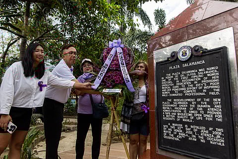 Akbayan Women holds a wreath-laying ceremony at Plaza Salamanca in Manila on 7 March 2025, to mark Women's Month and advocate for stronger laws to empower women.