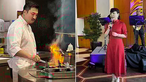 Chef Sun Kim cooking at the kitchen of Waterside, Solaire Resort & Casino Entertainment City, Parañaque & Tea master he Jia from Szechuan, China. 