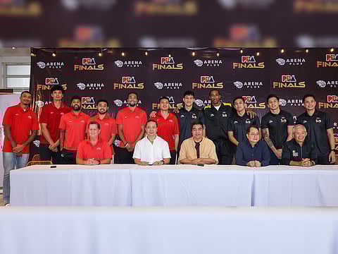 PBA commissioner Willie Marcial (center) presents the players of Barangay Ginebra and TNT Tropang Giga ahead of their PBA Commissioner’s Cup best-of-seven finals series on Friday at the Mall of Asia Arena. Also shown are PBA chairman Ricky Vargas, PBA vice chairman Alfrancis Chua, Ginebra coach Tim Cone and TNT coach Chot Reyes.