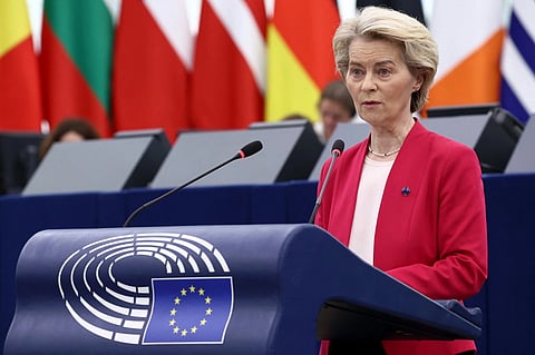 President of the European Commission Ursula von der Leyen speaks during a debate on urgent decisive steps and unwavering support for Ukraine, as part of a plenary session at the European Parliament, in Strasbourg, eastern France, on March 11, 2025.