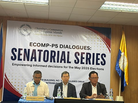 Senatorial candidates Teodoro Casiño, former Defense chief Norberto Gonzales, and Atty. Raul Lambino speak at the Chamber of Commerce of the Philippine Islands senatorial series on Thursday.