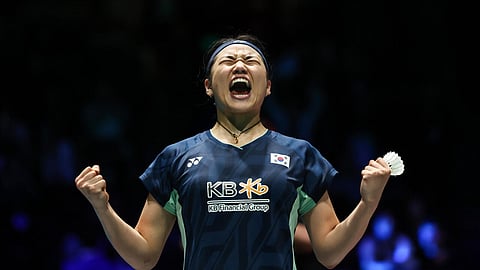 South Korea's An Se-young celebrates victory in the final of the 2025 All England Open 