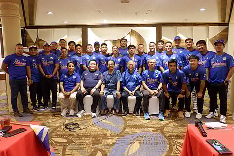New baseball president Rodolfo ‘Boy’ Tingzon Jr. (middle, seated) reveals his vision to players and coaches of the national squad during a meeting at the Century Park Hotel last Monday. Also shown are secretary general Michael Benedict Asuncion and vice president Armando de Castro.