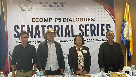 From left to right: Senatorial candidates Jerome Adonis, Wilson Amad, Rep. France Castro, and Atty. Luke Espiritu during the ECOMP-P5 Dialogues: Senatorial Series hosted by the Philippine Chamber of Commerce 