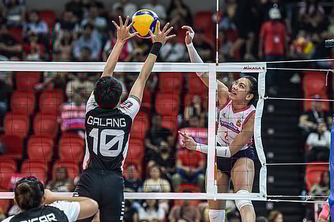 Alyssa Valdez leads Creamline’s assault against Chery Tiggo in their PVL All-Filipino Conference quarterfinal best-of-three series Saturday at the Ynares Center. 