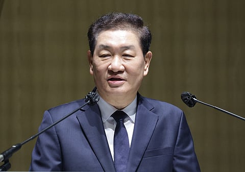 This picture taken on March 19, 2025 shows Samsung Electronics co-CEO Han Jong-hee speaking at the company's annual general meeting at the Suwon Convention Center in Suwon.