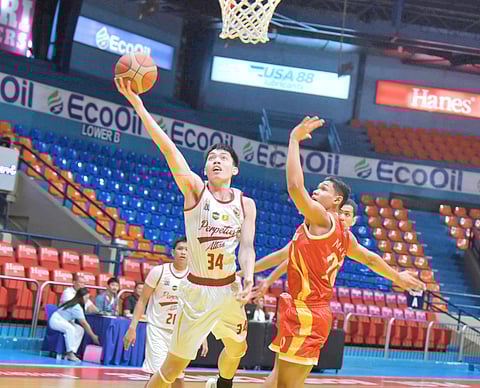 LEBRON Jhames Daep muscles his way to a 20-point performance to lead Perpetual to a 104-69 win over San Sebastian College in the NCAA juniors’ basketball tournament.