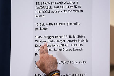 WASHINGTON, DC - 26 MARCH: U.S. Rep. Raja Krishnamoorthi (D-IL) points to text messages by Defense Secretary Pete Hegseth during an annual worldwide threats assessment hearing at the Longworth House Office Building on 26 March 2025 in Washington, DC. The hearing held by the House Permanent Select Committee on Intelligence addressed top aides inadvertently including Jeffrey Goldberg, the editor-in-chief for The Atlantic magazine, on a high level Trump administration Signal group chat discussing plans to bomb Houthi targets in Yemen.