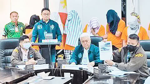 THE National Bureau of Investigation, led by director judge Jaime B. Santiago (Ret.), presents the six Chinese nationals and one Filipino arrested for allegedly conducting illegal surveillance and espionage activities on critical Philippine infrastructure.