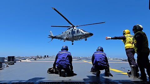 Trilateral drill A ship-based helicopter takes to the air even as various naval vessels of the Philippines, Japan and the United States conclude over the weekend their joint exercises in the West Philippine Sea.

