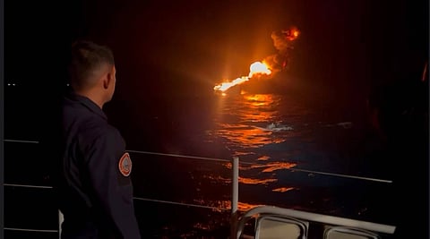 The Philippine Coast Guard (PCG) swiftly responded to a fire incident involving a cargo vessel, MV CASTPHILL XV, in the waters northwest of Limbones Island, Nasugbu, Batangas, today, 30 March 2025. (Photo from PCG)