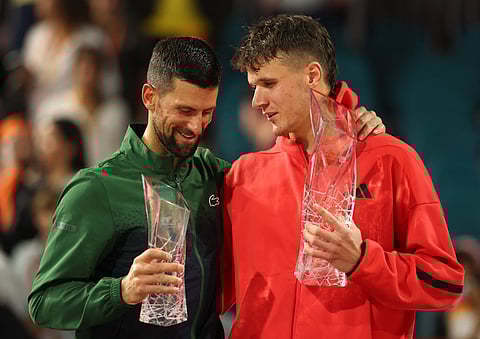 JAKUB Mensik (right) celebrates after beating childhood idol Novak Djokovic in the final of the men’s singles event of the Miami Open.